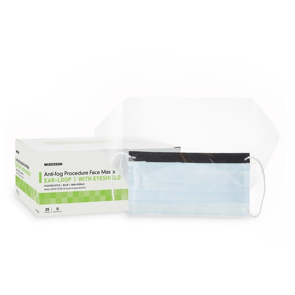 McKesson Procedure Masks with Eye Shield, Fluid-Resistant - One Adult Size, 25 Count, 4 Packs, 100 Total