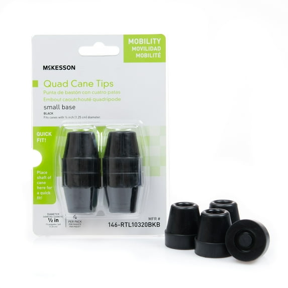 McKesson Rubber Quad Cane Replacement Tips in Black, 1/2" Diameter, 4 Count, 1 Pack