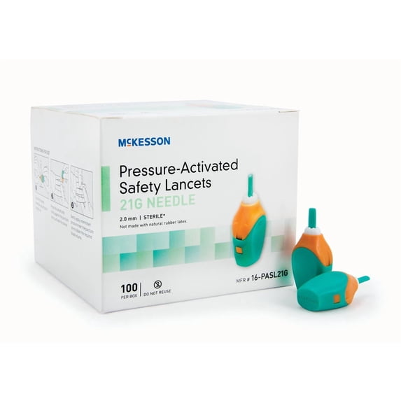 McKesson Safety Lancet Fixed Depth Pressure Activated 2.0 mm Depth Blood Lancets, 21-Gauge, 2000 Count