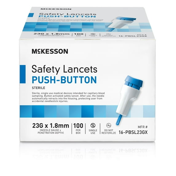 McKesson Safety Lancets, Pressure-Activated - 23 Gauge Needle, 1.8mm Depth, 100 Count, 20 Packs, 2000 Total