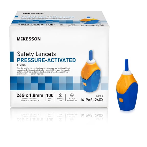 McKesson Safety Lancets, Pressure-Activated - 26 Gauge Needle, 1.8mm Depth, 100 Count, 1 Pack