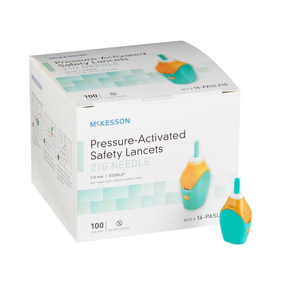 McKesson Safety Lancets for Diabetes Testing - Sterile, Pressure-Activated 21G, 100 Count, 20 Packs, 2000 Total