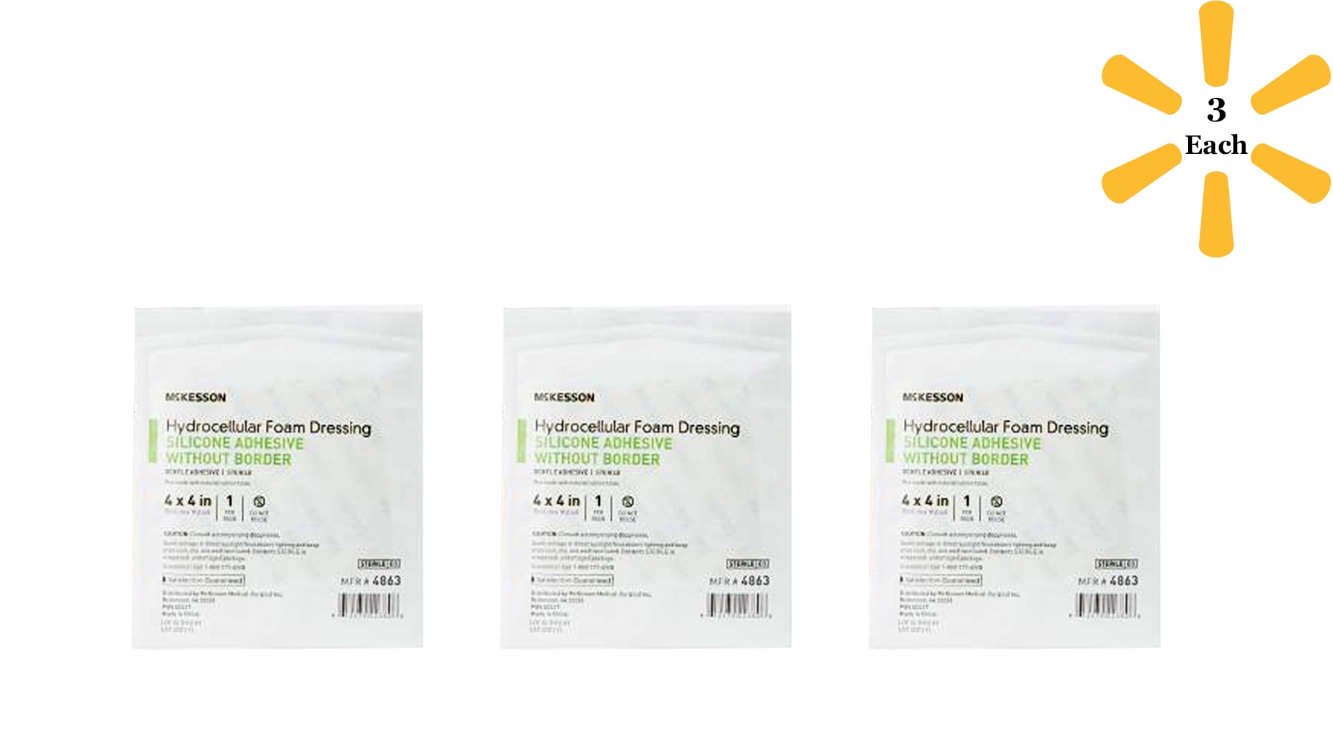 McKesson Silicone Foam Dressing 4 X 4 Inch Square Silicone Gel Adhesive without Border Sterile, 3 Pack - 4863