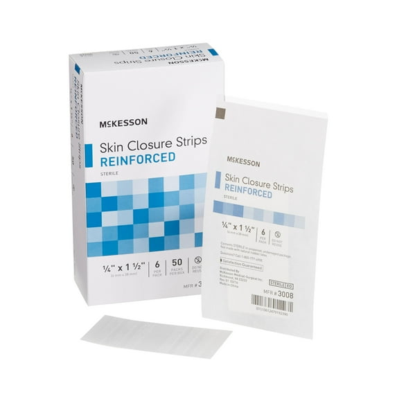McKesson Skin Closure Strips - Sterile, Reinforced Wound Bandage, 1/4 in x 1 1/2 in, 200 Ct