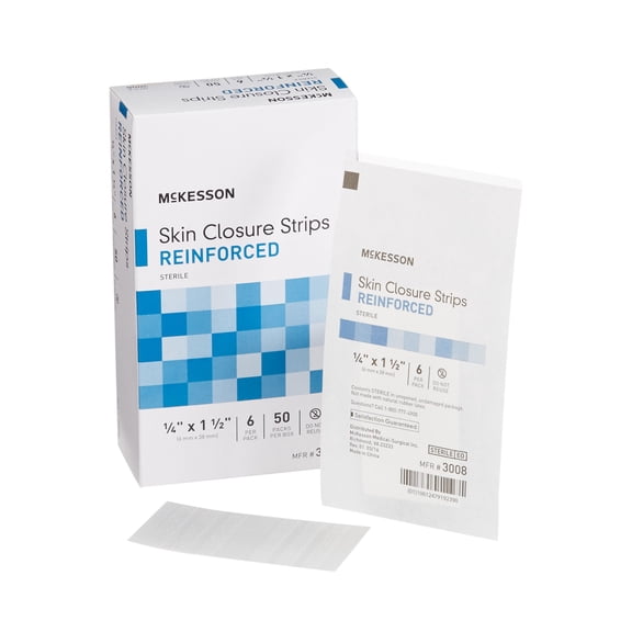 McKesson Skin Closure Strips - Sterile, Reinforced Wound Bandage, 1/4 in x 1 1/2 in, 200 Ct