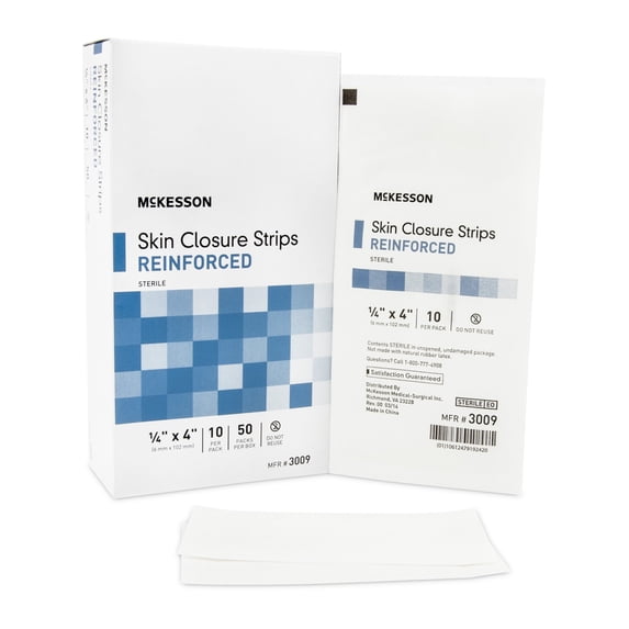 McKesson Skin Closure Strips - Sterile, Reinforced Wound Bandage, 1/4 in x 4 in, 50 Ct
