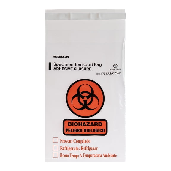 McKesson Specimen Transport Bag with Document Pouch Disposable Adhesive Closure 79-LABAC20610, 100 Ct
