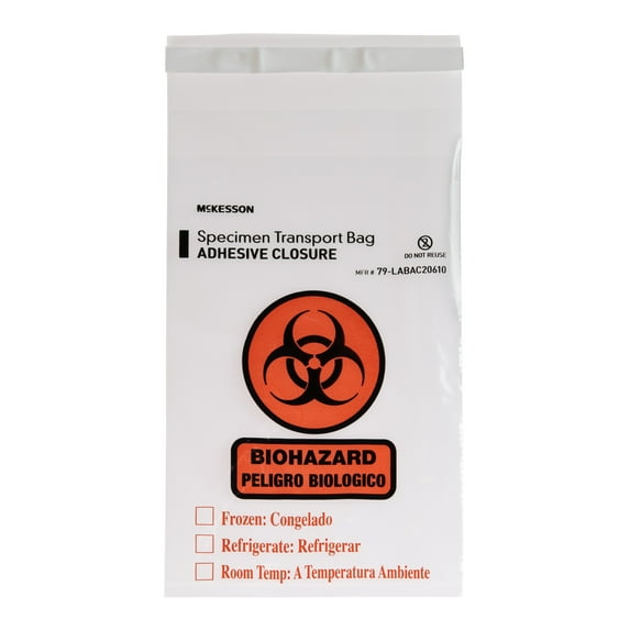 McKesson Specimen Transport Bag with Document Pouch Disposable Adhesive Closure 79-LABAC20610, 100 Ct