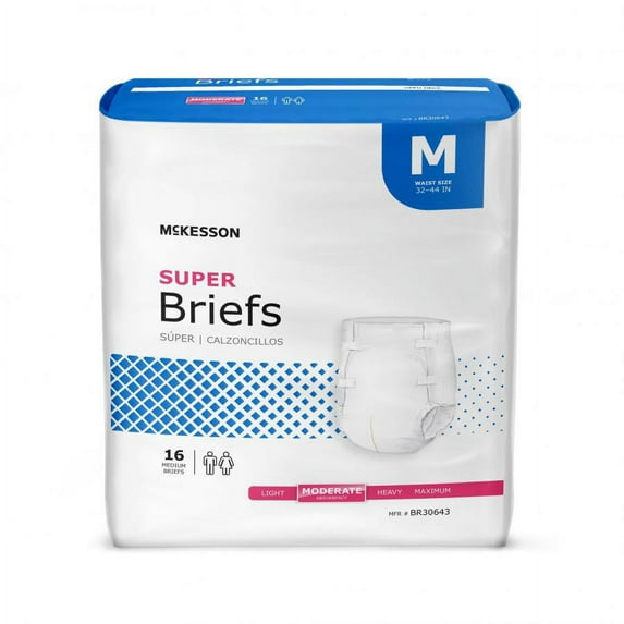 McKesson Super Briefs Adult, Unisex, Refastenable Tabs, Disposable, Moderate Absorbency, Medium, 16 Count