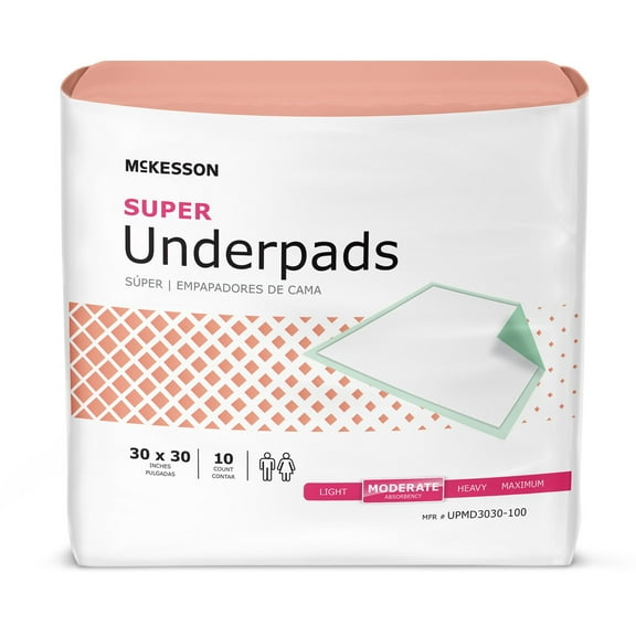 McKesson Super Disposable Underpads Moderate Absorbency 30X30" UPMD3030-100, 100 pads