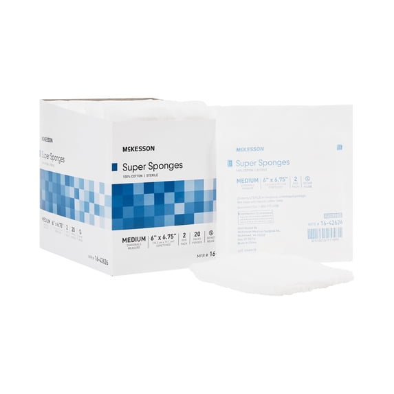 McKesson Super Sponges, Sterile, 100% Cotton, Fluff Dressing, 6 in x 6 3/4 in, 2 Per Pack, 20 Packs, 40 Total