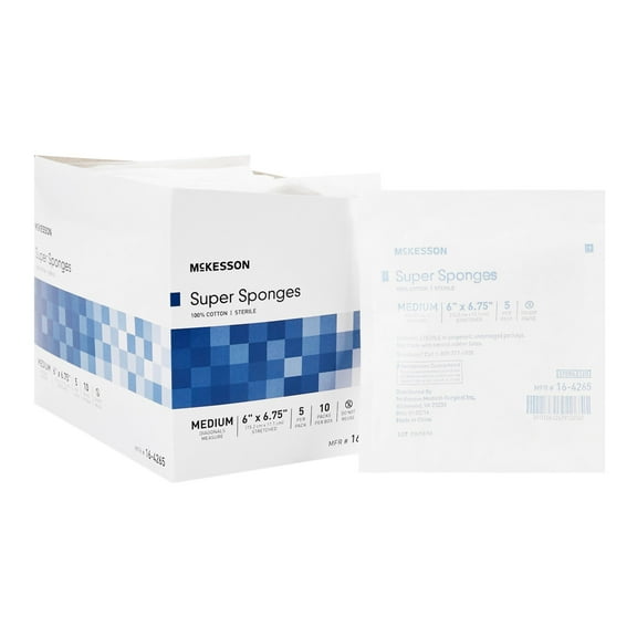 McKesson Super Sponges - Sterile, Cotton Wound Dressing - 6 in. x 6 3/4 in., 5 per Pack, 10 Packs, 50 Total