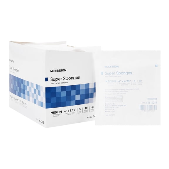 McKesson Super Sponges - Sterile, Cotton Wound Dressing - 6 in. x 6 3/4 in., 5 per Pack, 90 Packs, 450 Total