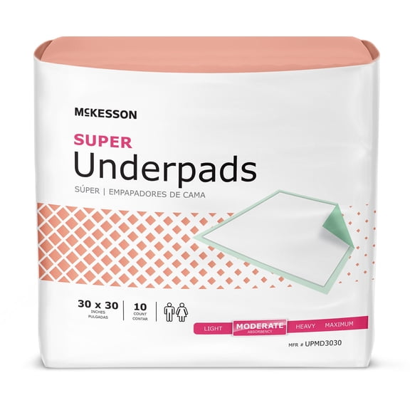 McKesson Super Underpads, Incontinence Bed Pads, Moderate Absorbency, 30 in x 30 in, 10 Ct