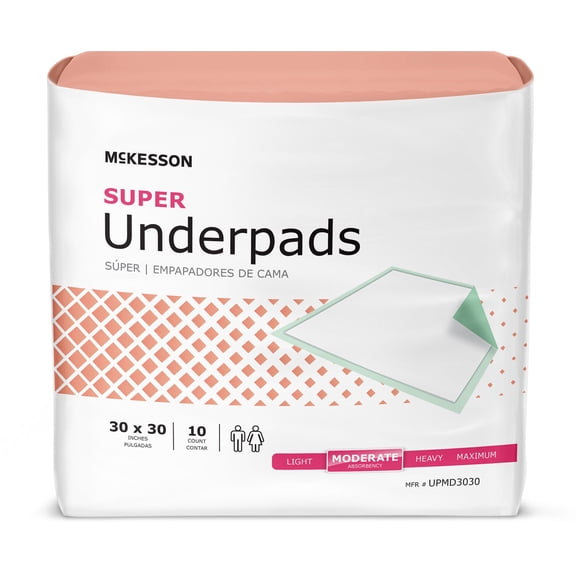 McKesson Super Underpads, Incontinence Bed Pads, Moderate Absorbency, 30 in x 30 in, 10 Ct