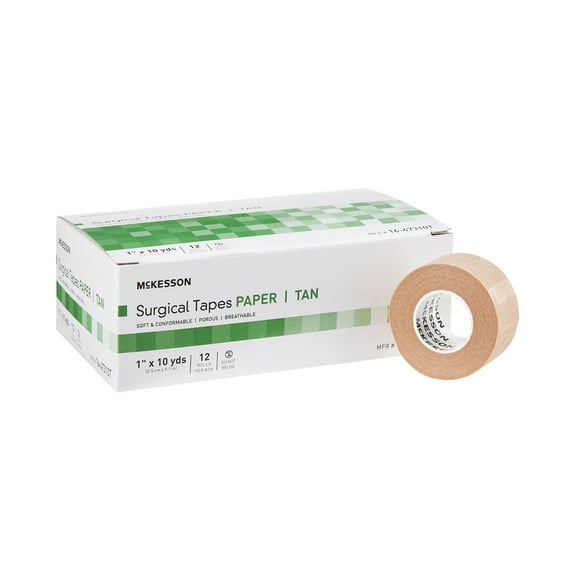 McKesson Surgical Tape, Paper - Non-Sterile, Porous - Tan, 1 in x 10 yd, 12 Rolls, 1 Pack