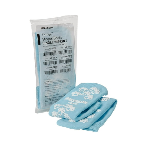 McKesson Terries Slipper Socks, Non-Slip Grip Socks, Light Blue, Youth Shoe 8 to 4.5, 96 Pairs