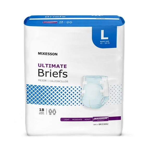 McKesson Ultimate Briefs, Incontinence, Maximum Absorbency, Large, 18 Count, 4 Packs, 72 Total