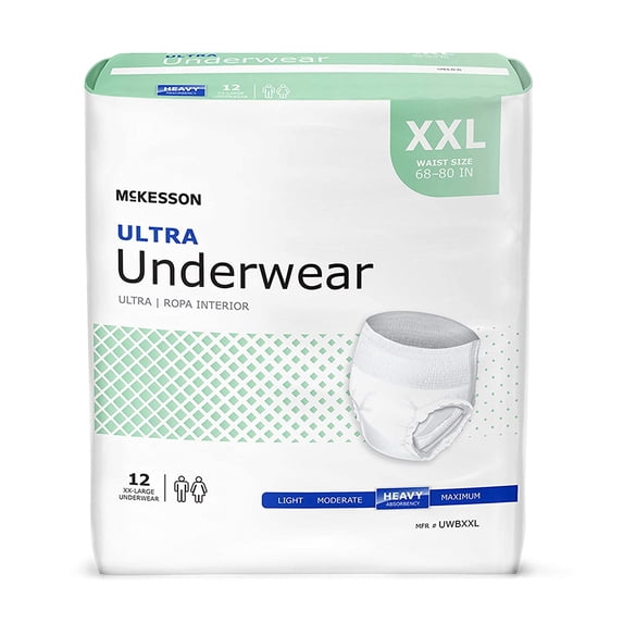 McKesson Ultra Adult Absorbent Underwear, Pull On, 2X-Large, Heavy Absorbency, Bag of 12 (2 Pack)