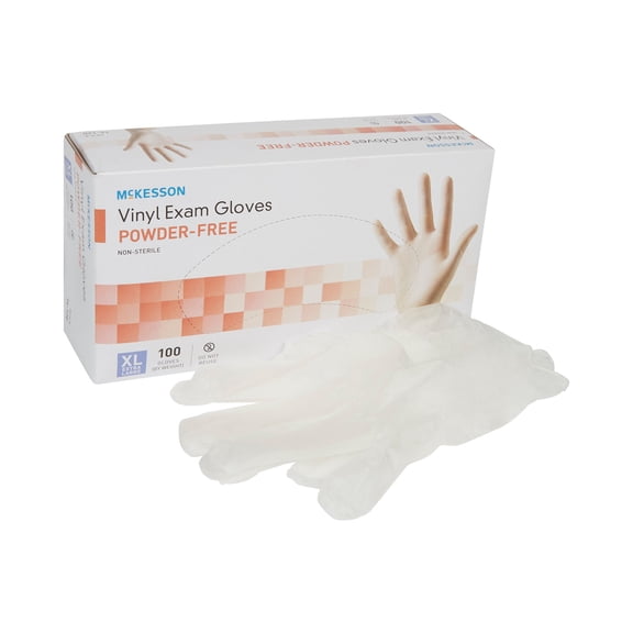 McKesson Vinyl Exam Gloves, Powder-Free, Disposable Medical Glove - XL, 100 Count, 1 Box