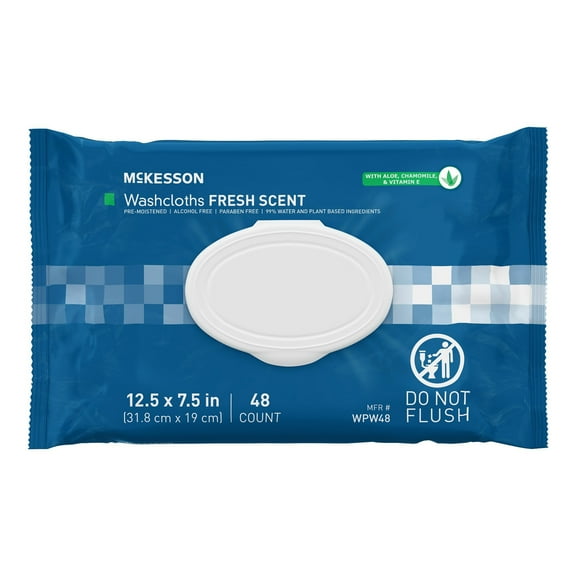 McKesson Washcloth Wipes, Scented - Disposable Wet Wipes for Adults - Alcohol-Free, Paraben-Free - No-Rinse Formula - 48 Wipes Per Pack, 48 Count, 12 Packs, 576 Total
