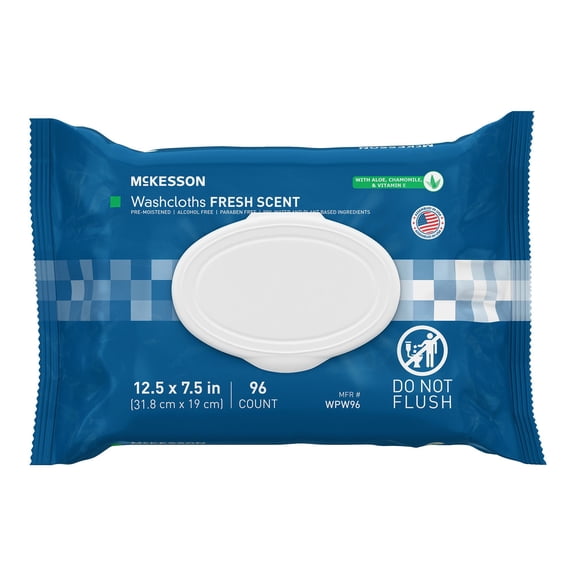 McKesson Washcloth Wipes, Scented - Disposable Wet Wipes for Adults - Alcohol-Free, Paraben-Free - No-Rinse Formula - 96 Wipes Per Pack, 96 Count, 1 Pack