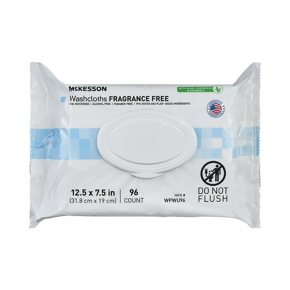 McKesson Washcloth Wipes, Unscented - Disposable Wet Wipes for Adults - Fragrance-Free, Paraben-Free - No-Rinse Formula - 96 Wipes Per Pack, 96 Count, 1 Pack
