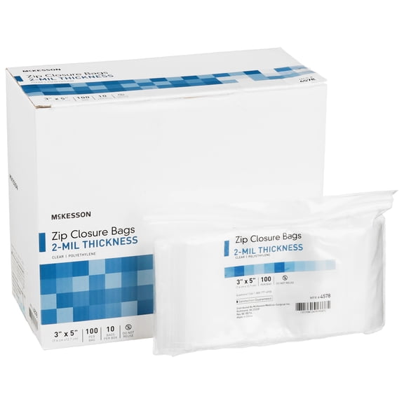 McKesson Zip Closure Bags - Disposable Clear Bag with Reclosable Zipper, 3 in x 5 in, 100 Count, 120 Packs, 12000 Total