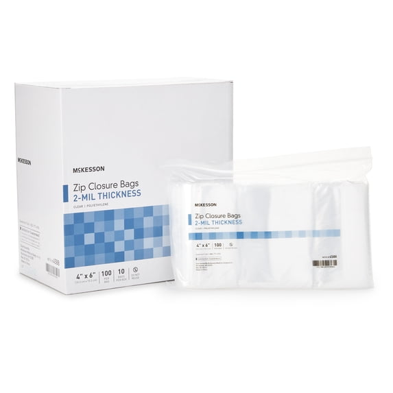 McKesson Zip Closure Bags - Disposable Clear Bag with Reclosable Zipper, 4 in x 6 in, 100 Count, 40 Packs, 4000 Total