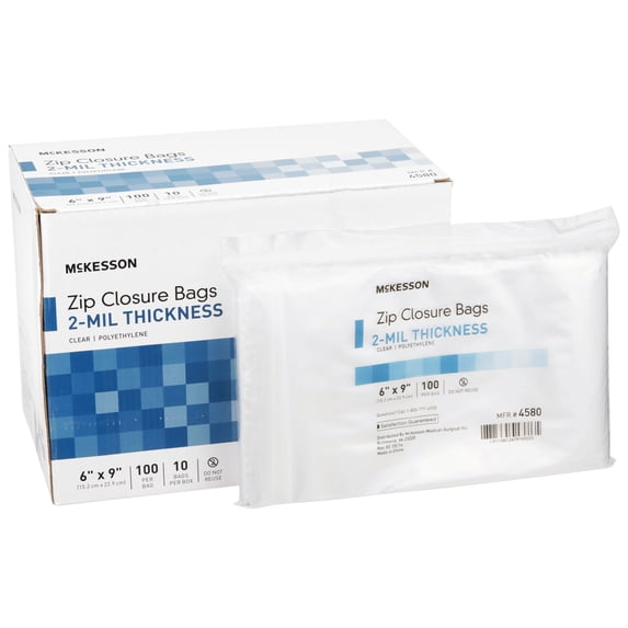 McKesson Zip Closure Bags - Disposable Clear Bag with Reclosable Zipper, 6 in x 9 in, 100 Count, 10 Packs, 1000 Total