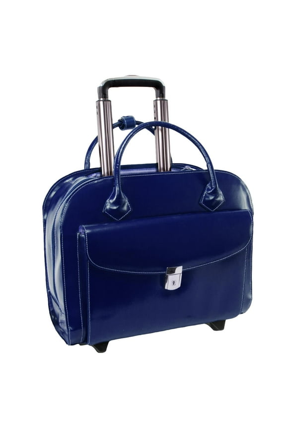 McKlein GRANVILLE, Wheeled Ladies' Laptop Briefcase, Top Grain Cowhide Leather with Faux Leather Trim, Navy (96147A)