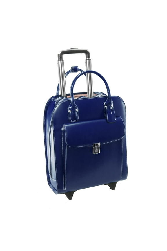 Women's Vertical Wheeled Laptop Briefcase, Top Grain Cowhide Leather, Navy