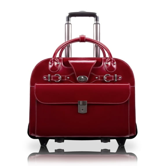 W Series | ROSEVILLE | 15" Leather Fly-Through Checkpoint-Friendly Patented Detachable -Wheeled Laptop Briefcase - Red