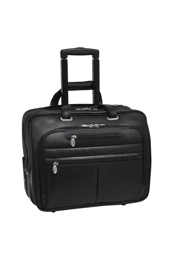 McKlein WRIGHTWOOD, Wheeled Laptop Briefcase, Top Grain Cowhide Leather with Vegan Leather Trim, Black (80505)