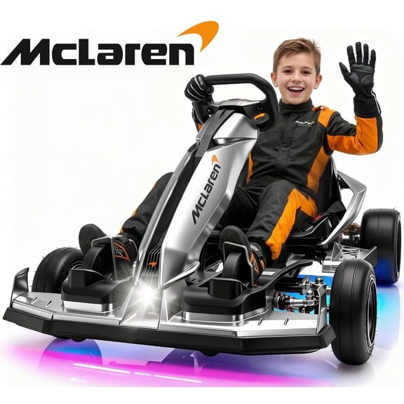 McLaren 48V Electric Go Kart for Adults & Teens, 750W Powered Motor Ride On Toy, LED Light, Hydraulic Disc Brake, 4 Wheel Spring Suspension, 3 Levels Adjustable Chassis, Foldable Design, Silver