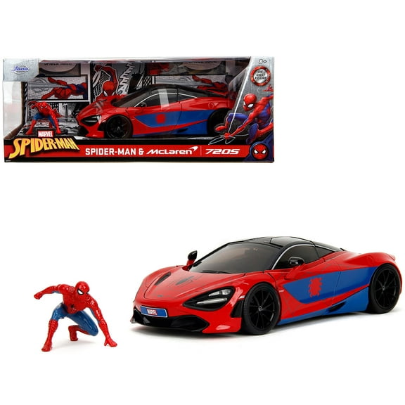 McLaren 720S Red and Blue with Black Top and Graphics and Figure "Marvel Spider-Man" "Hollywood Rides" Series 1/24 Diecast Model Car by Jada