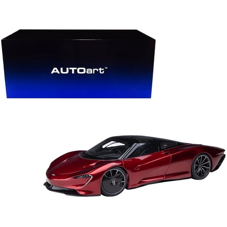 McLaren Speedtail Volcano Red Metallic with Black Top and Suitcase Accessories 1 18 Model Car by Autoart