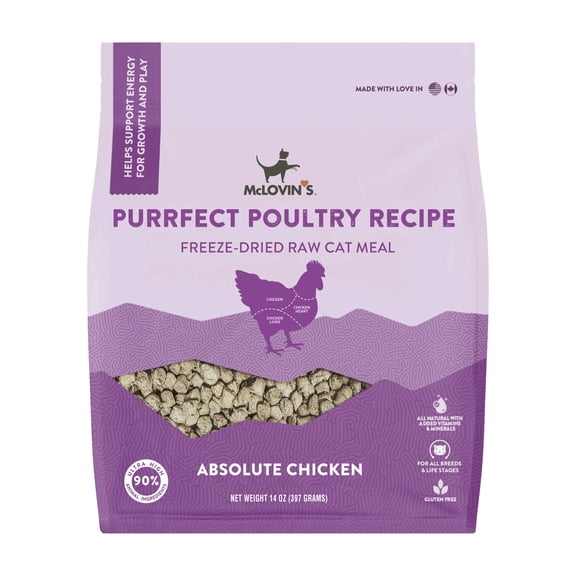 McLovin's Freeze Dried Cat Food, Puurfect Poultry Recipe (14 oz) - Premium Raw, Grain and Gluten Free - Made in North America - An Ideal Meal or Cat Food Topper