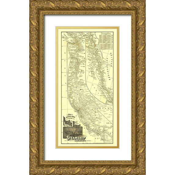 McNally 18x32 Gold Ornate Wood Framed with Double Matting Museum Art Print Titled - Pacific Coast Steamship Company Routes - 1891