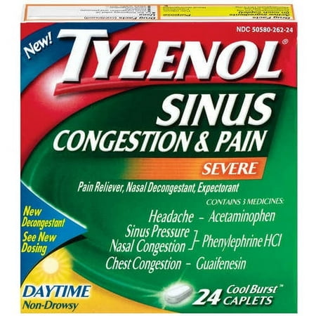 McNeil Tylenol Daytime Sinus Congestion & Pain Caplets for Non-Drowsy Pain Relief, Cool Burst, 24 ea