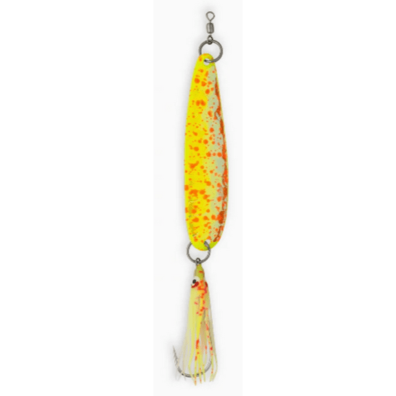 McOmie's 2 5/8" Lake Trout Glow Spoon w/ Hoochie Chartreuse Fire