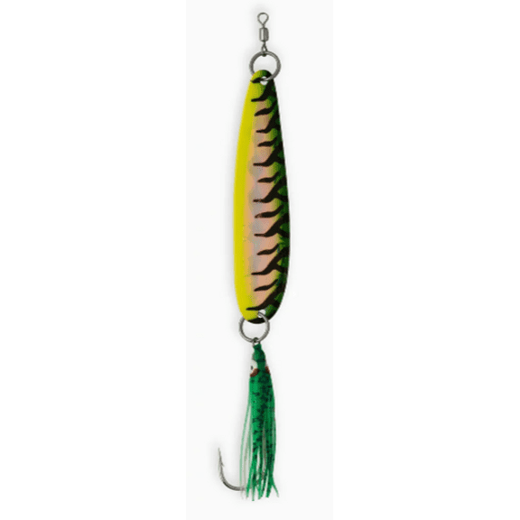McOmie's 3 7/8" Salmon Glow Spoon w/ Hoochie Green Fire Tiger