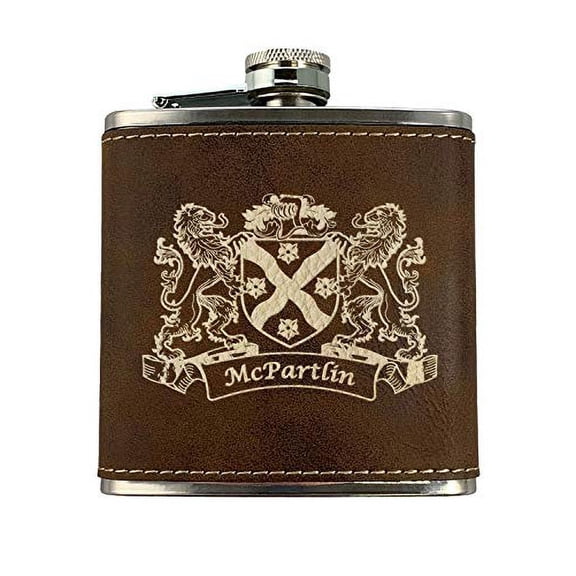 McPartlin Irish Coat of Arms Leather Flask - Rustic Brown