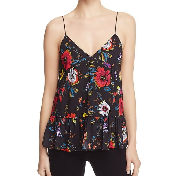 McQ Womens Ruffle Floral Cami Tank Top, Black, 44