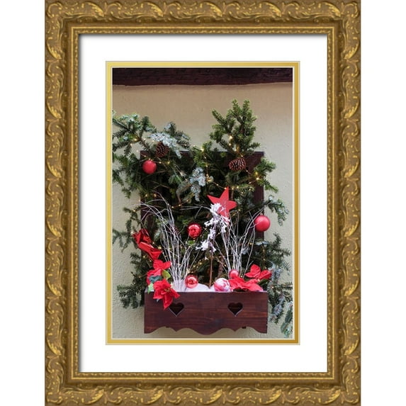 McRoberts, Julien 11x14 Gold Ornate Wood Framed with Double Matting Museum Art Print Titled - Riquewihr-France Village established 1400s in Alsace Region Window decorated Christmas ornaments