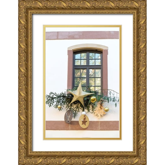 McRoberts, Julien 13x18 Gold Ornate Wood Framed with Double Matting Museum Art Print Titled - Strasbourg-France Christmas decoration adorns windows