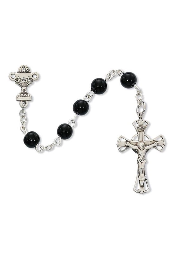 C15LB 5 mm Black Glass Communion Rosary Boxed