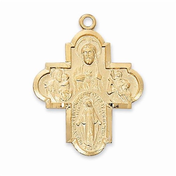 McVan Gold over Sterling 4-way Pendant Gold Over Sterling Silver Catholic 4-Way Medal with 24" Gold Plated Brass Chain and Deluxe Gift Box, Style Catholic 4-Way Medal