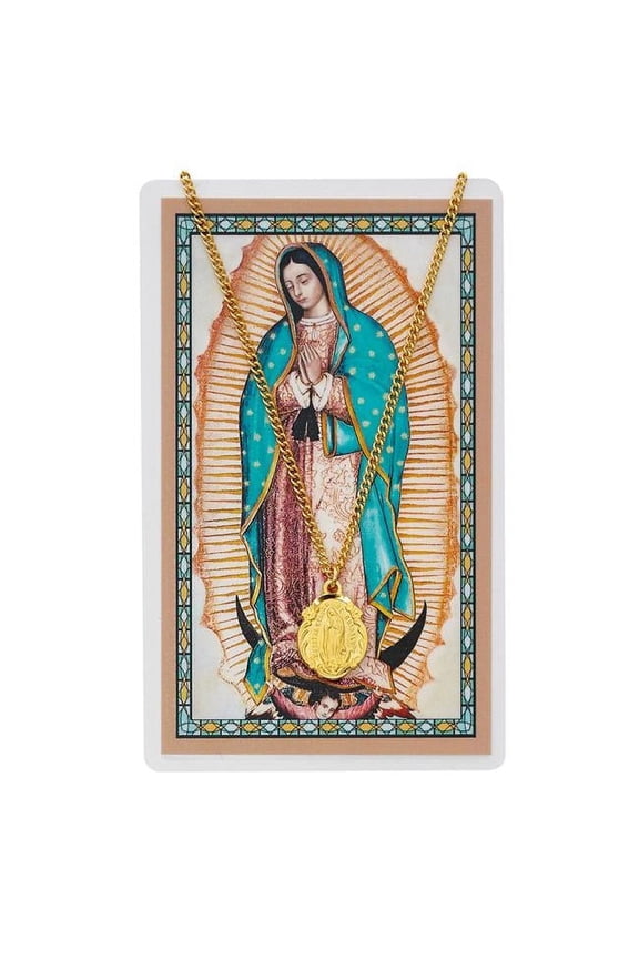 Gold-Tone 18 in. Chain Gold Plated Pewter Spanish Text Guadalupe Medal with & Prayer Card