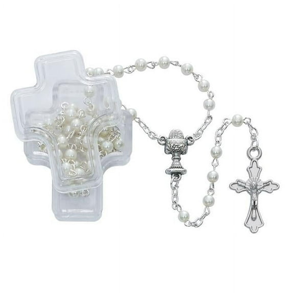 McVan P208CB Imitation White Pearl Communion Rosary with Cross Boxed